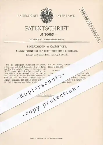 original Patent - J. Heuchemer , Cannstatt  1884 , Feststellen selbstschließender Ventilhähne | Ventil , Zapfhahn , Bier