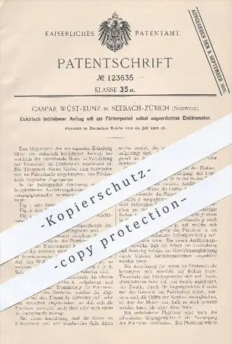 original Patent - Caspar Wüst Kunz , Seebach Zürich , Schweiz , 1900 , Elektrisch betriebener Aufzug mit Elektromotor !!