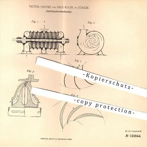 original Patent - Victor Gelpke und Paul Kugel , Zürich , 1901 , Zentrifugalhochdruckpumpe | Turbine , Turbinen , Pumpen