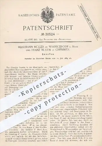 original Patent - H. Müller , Wernigerode / Harz u. Franz Blath , Chemnitz , 1884 , Gasofen | Gas , Ofen , Öfen !!!