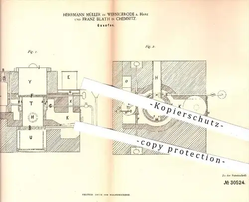 original Patent - H. Müller , Wernigerode / Harz u. Franz Blath , Chemnitz , 1884 , Gasofen | Gas , Ofen , Öfen !!!