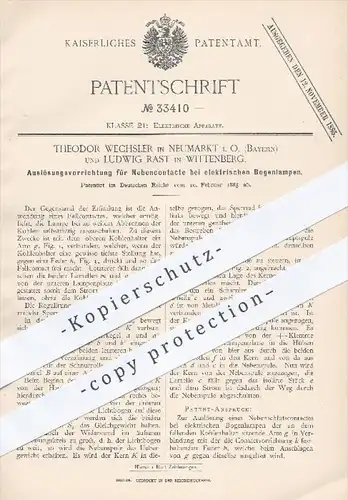 original Patent - Th. Wechsler , Neumarkt / L. Rast , Wittenberg , 1885 , Nebenkontakte bei elektr. Bogenlampen | Lampen