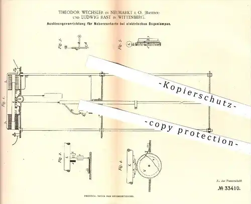 original Patent - Th. Wechsler , Neumarkt / L. Rast , Wittenberg , 1885 , Nebenkontakte bei elektr. Bogenlampen | Lampen