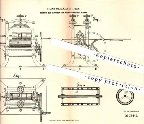 original Patent - F. Merziger , Trier  1883 , Maschine zum Entrinden von Hölzern mittels Walzen | Holz , Holzbearbeitung