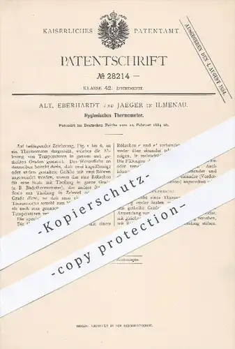 original Patent - Alt , Eberhardt , Kaeger , Ilmenau , 1884 , Hygienisches Thermometer | Temperatur , Badethermometer !