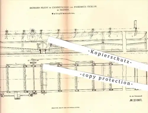 original Patent - Richard Franz , Crimmitschau / Fr. Zickler , Bremen ,1882 , Wollspülmaschine | Waschmaschine , Wolle