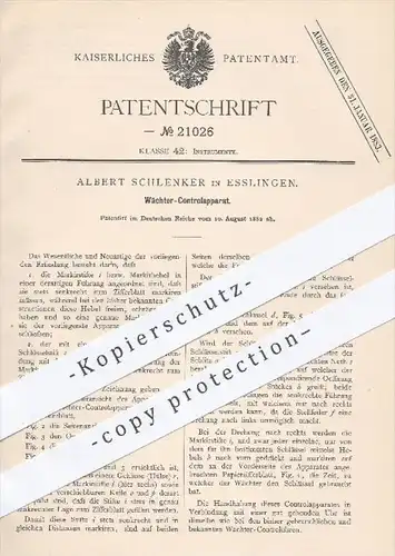 original Patent - Albert Schlenker , Esslingen , 1882 , Wächter - Kontrollapparat | Uhr , Uhren , Uhrwerk , Uhrmacher !!