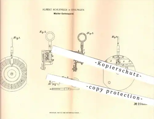 original Patent - Albert Schlenker , Esslingen , 1882 , Wächter - Kontrollapparat | Uhr , Uhren , Uhrwerk , Uhrmacher !!