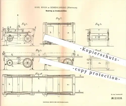 original Patent - Karl Koch in Hohenlimburg , 1882 , Drahtwebstuhl | Webstuhl , Webstühle , Weben , Weber , Weberei !!!