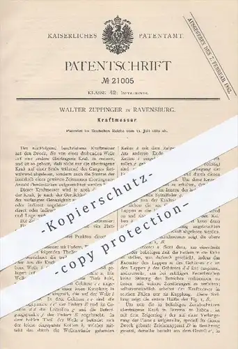 original Patent - Walter Zuppinger , Ravensburg , 1882 , Kraftmesser | Messen von Kraft , Maschinen , Motoren !!!