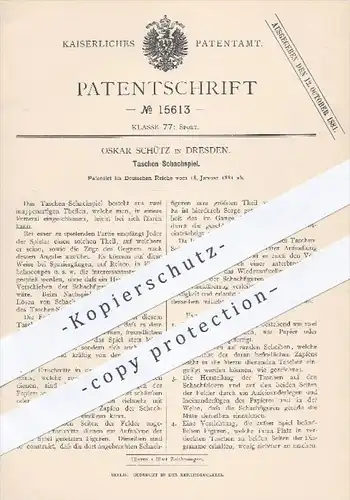 original Patent - Oskar Schütz in Dresden , 1881 , Taschen - Schachspiel | Schach , Brettspiel , Sport , Schachfiguren !