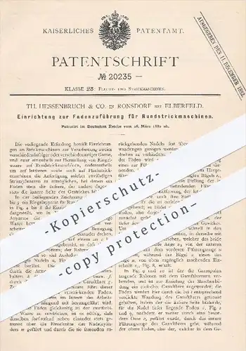 original Patent - Th. Hessenbruch & Co. , Ronsdorf / Elberfeld , 1882 , Fadenzuführung für Rundstrickmaschinen !!!