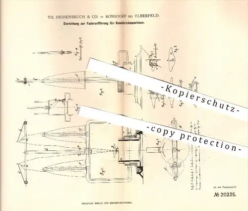 original Patent - Th. Hessenbruch & Co. , Ronsdorf / Elberfeld , 1882 , Fadenzuführung für Rundstrickmaschinen !!!