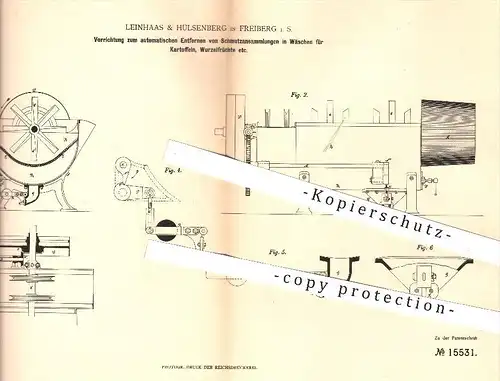 original Patent - Leinhaas & Hülsenberg , Freiberg , 1881 , Waschen von Kartoffeln , Wurzelfrüchte , Rüben , Zucker !!!