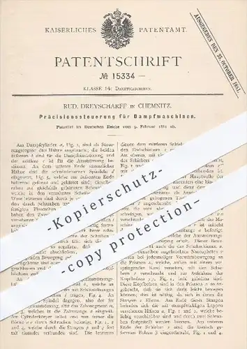 original Patent - Rud. Dreyscharff , Chemnitz , 1881 , Präzisionssteuerung für Dampfmaschinen | Steuerung , Motoren !!