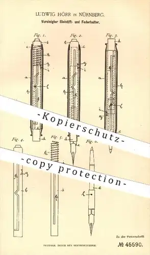 original Patent - Ludwig Hörr in Nürnberg , 1888 , Bleistifthalter , Federhalter | Schreibfeder , Schreiben , Stifte !!