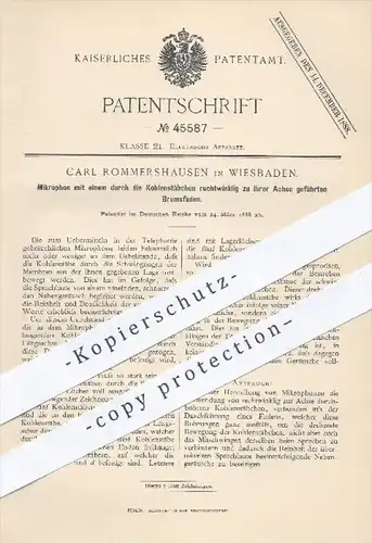original Patent - Carl Rommershausen , Wiesbaden , 1888 , Mikrofone für Telefonie | Mirophon , Telefon , Elektrik !!!