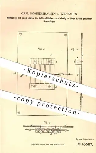 original Patent - Carl Rommershausen , Wiesbaden , 1888 , Mikrofone für Telefonie | Mirophon , Telefon , Elektrik !!!