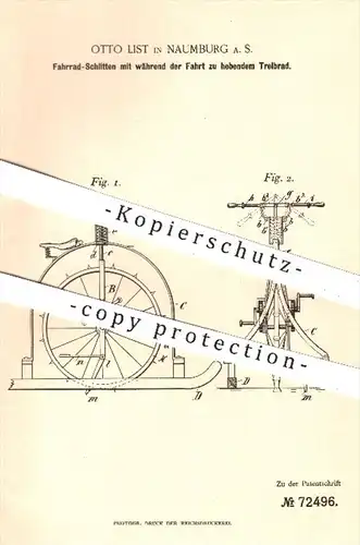 original Patent - Otto List in Naumburg , 1893 , Fahrrad - Schlitten mit zu hebendem Treibrad | Fahrräder , Rad , Räder