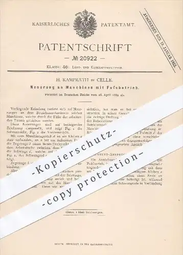 original Patent - H. Kamprath in Celle , 1882 , Maschinen mit Fußbetrieb | Antrieb , Kraftmaschinen , Motor , Motoren !!