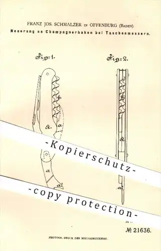 original Patent - Franz Jos. Schmalzer in Offenburg , 1882 , Champagnerhaken am Taschenmesser | Messer , Schneidzeuge !!