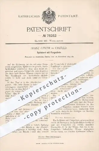 original Patent - F. Genth , Krefeld , 1893 , Spülabort mit Fangschale | WC , Toilette , Abort , Kloset , Wasserspülung