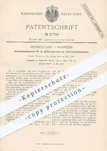 original Patent - Heinr. Lanz , Mannheim , 1886 , Vorschub Zuführungswalzen an Futterschneidemaschinen | Landwirtschaft