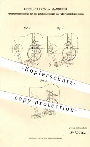 original Patent - Heinr. Lanz , Mannheim , 1886 , Vorschub Zuführungswalzen an Futterschneidemaschinen | Landwirtschaft