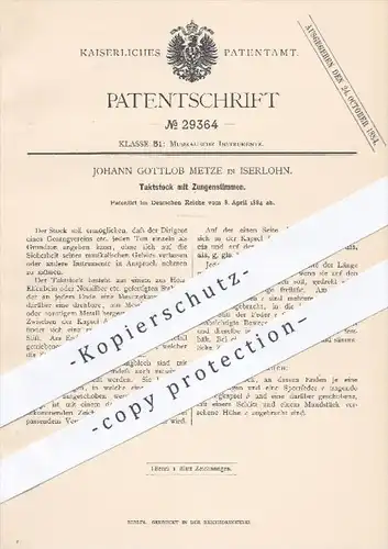 original Patent - J. Gottlob Metze , Iserlohn , 1884 , Taktstock mit Zungenstimmen | Musik , Musikinstrumente !!!
