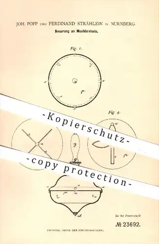 original Patent - Joh. Popp , Ferdinand Strählein , Nürnberg , 1883 , Musikkreisel | Kreisel , Musik , Sport , Spielzeug