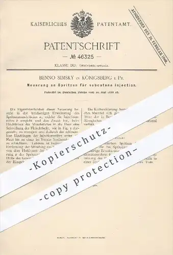 original Patent - Benno Simsky in Königsberg , 1888 , Spritzen für subkutane Injektion | Spritze , Medizin , Arzt !!!