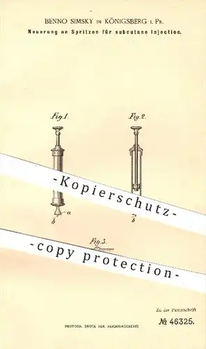 original Patent - Benno Simsky in Königsberg , 1888 , Spritzen für subkutane Injektion | Spritze , Medizin , Arzt !!!