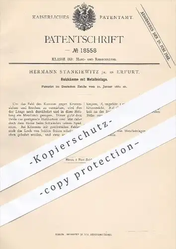 original Patent - Hermann Stankiewitz , Erfurt , 1882 , Holzkämme mit Metalleinlage | Kamm , Kämme , Haare , Friseur !!!