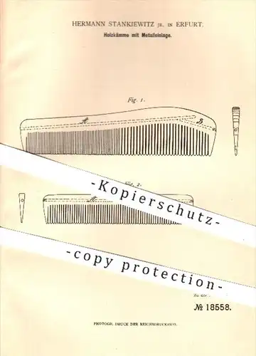 original Patent - Hermann Stankiewitz , Erfurt , 1882 , Holzkämme mit Metalleinlage | Kamm , Kämme , Haare , Friseur !!!