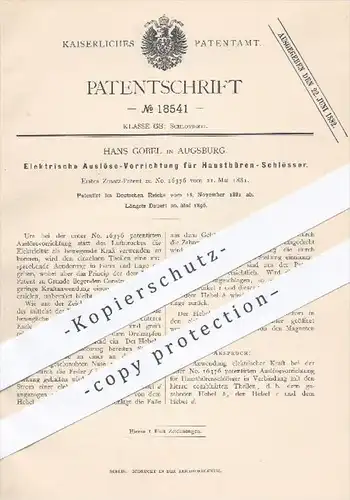 original Patent - Hans Göbel , Augsburg , 1881 , Elektrische Auslöse-Vorrichtung für Haustüren - Schlösser | Tür , Türen