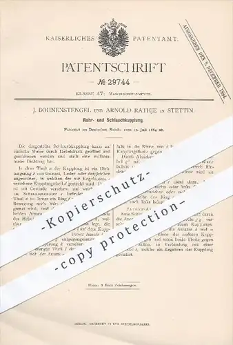 original Patent - J. Bohnenstengel , Arnold Rathje , Stettin , 1884 , Rohrkupplung , Schlauchkupplung , Kupplung , Rohr