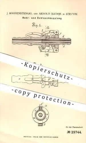 original Patent - J. Bohnenstengel , Arnold Rathje , Stettin , 1884 , Rohrkupplung , Schlauchkupplung , Kupplung , Rohr