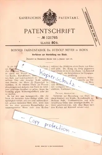 Original Patent  - Bonner Fahnenfabrik Dr. Rudolf Meyer in Bonn , 1900 , Herstellung von Stuck !!!