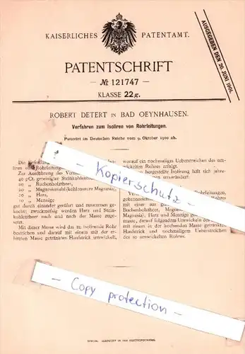 Original Patent  - Robert Detert in Bad Oeynhausen , 1900 , Isolieren von Rohrleitungen !!!
