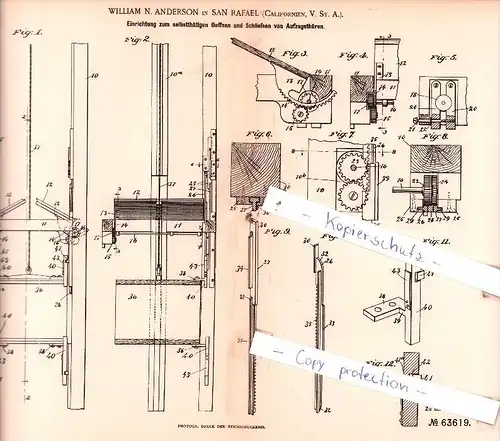 Original Patent  -  William N. Anderson in San Rafael , Californien , 1891 , Hebezeuge !!!