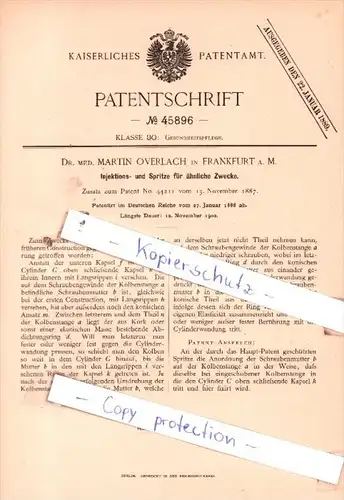 Original Patent  -  Dr. med. Martin Overlach in Frankfurt a. M. , 1888 , Gesundheitspflege !!!