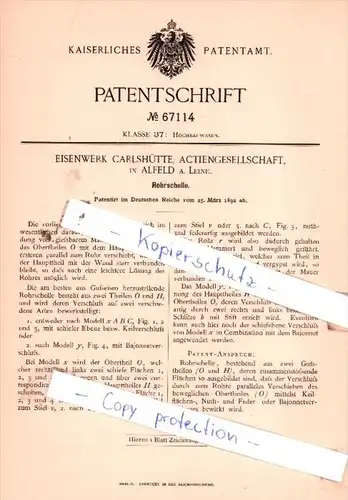 Original Patent  - Eisenwerk Carlshütte, Actiengesellschaft, in Alfeld a. Leine , 1892 , !!!