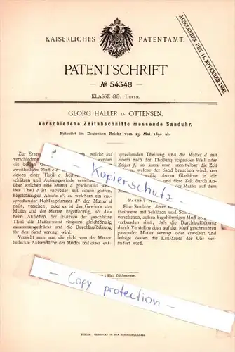 Original Patent  - G. Haller in Ottensen , 1890 , Verschiedene Zeitabschnitte messende Sanduhr !!!