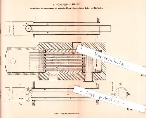 Original Patent  - R. Hohlfeld in Siegen , 1891 ,  Umlaufröhren für Dampfkessel !!!