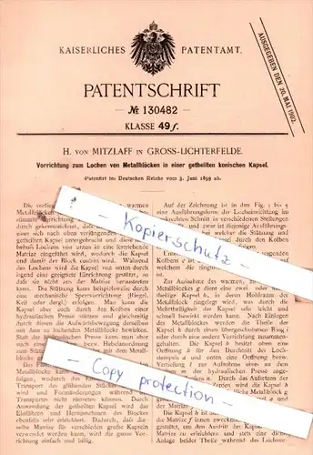 Original Patent  - H. von Mitzlaff in Gross-Lichterfelde , 1899 , Lochen von Metallblöcken !!!