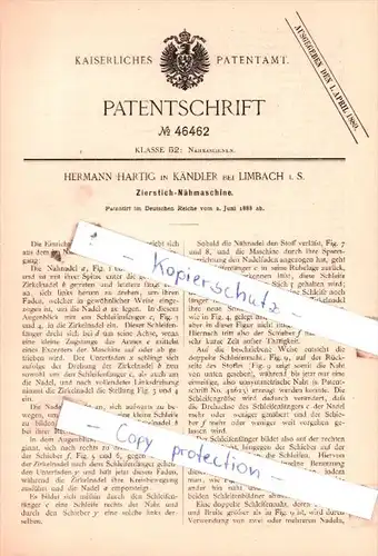 Original Patent  -  Hermann Hartig in Kändler bei Limbach i. S. , 1888 , Zierstich-Nähmaschine !!!