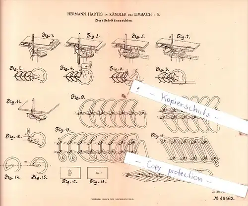 Original Patent  -  Hermann Hartig in Kändler bei Limbach i. S. , 1888 , Zierstich-Nähmaschine !!!