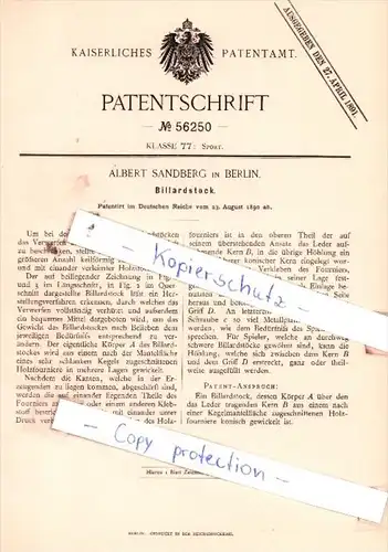 Original Patent  - Albert Sandberg in Berlin , 1890 , Billardstock !!!