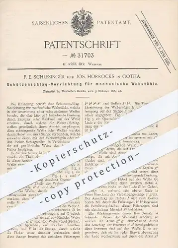 original Patent - F. E. Schlesinger / Jos. Horrocks , Gotha 1884 , Schützenschlag - Vorrichtung für mechan. Webstühle !!