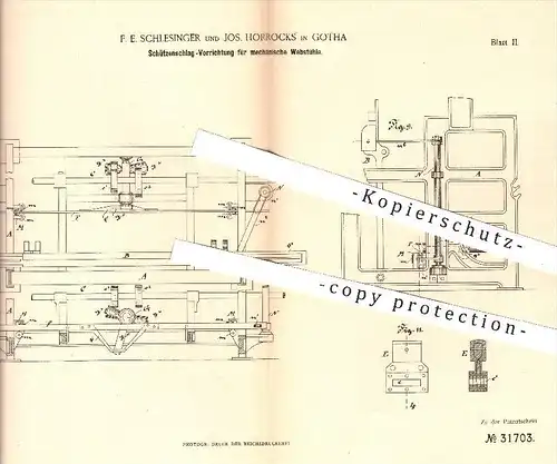 original Patent - F. E. Schlesinger / Jos. Horrocks , Gotha 1884 , Schützenschlag - Vorrichtung für mechan. Webstühle !!